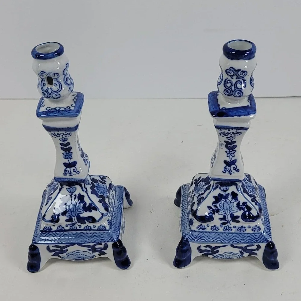 Blue White Porcelain Candlestick holders Continental Pair Chinoiserie Floral 8In